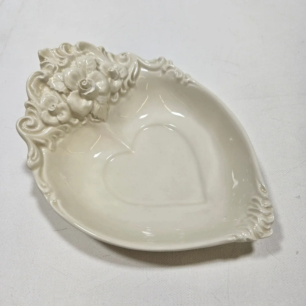 Bullock's Trinket Dish Cream Heart Floral Rose Italian Coquette Ceramic Vintage